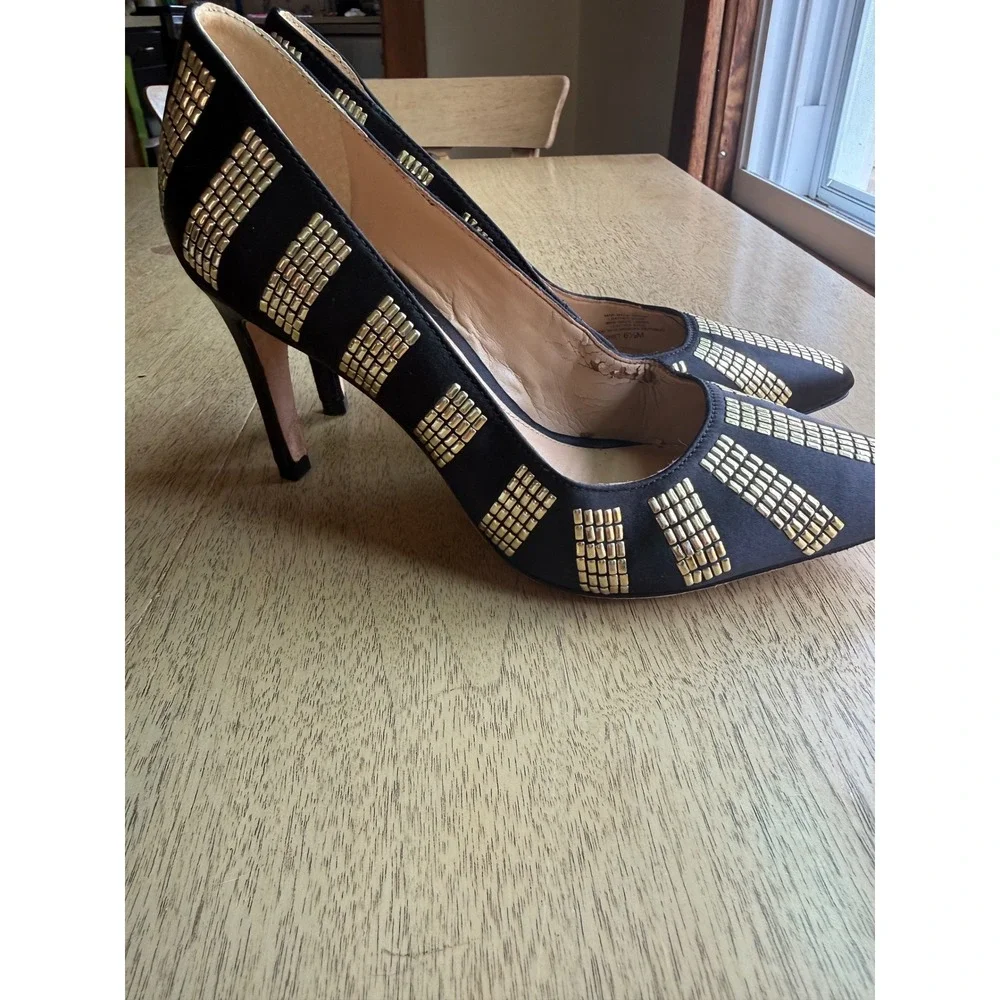 Antonio Melani Womens Black Satin Gold Studded Pointed Toe Stiletto Pumps  6.5